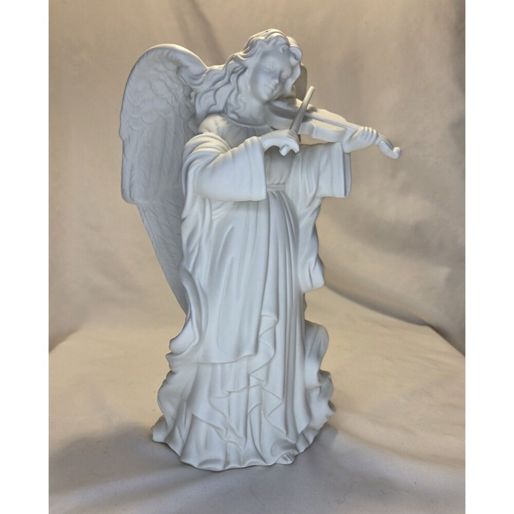 Retired PartyLite Bisque Candlestick Holder 9.5" Tall Angel Playing Violin